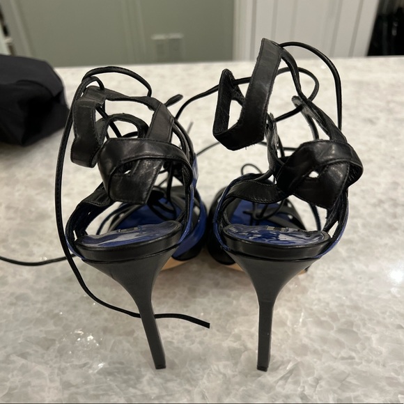 MANOLO BLAHNIK Netochka Lace-Up Cage Sandal Heels, Blue and Black Leather - Picture 2 of 6